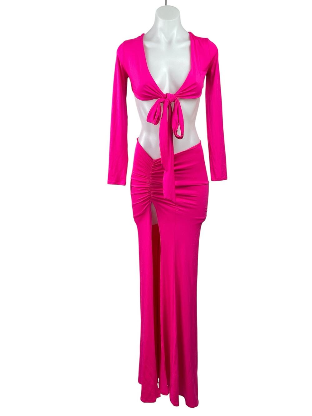 Polly Womens Pink Long Sleeve Tie Front Crop Top & Ruched Slit Maxi Skirt Size 2